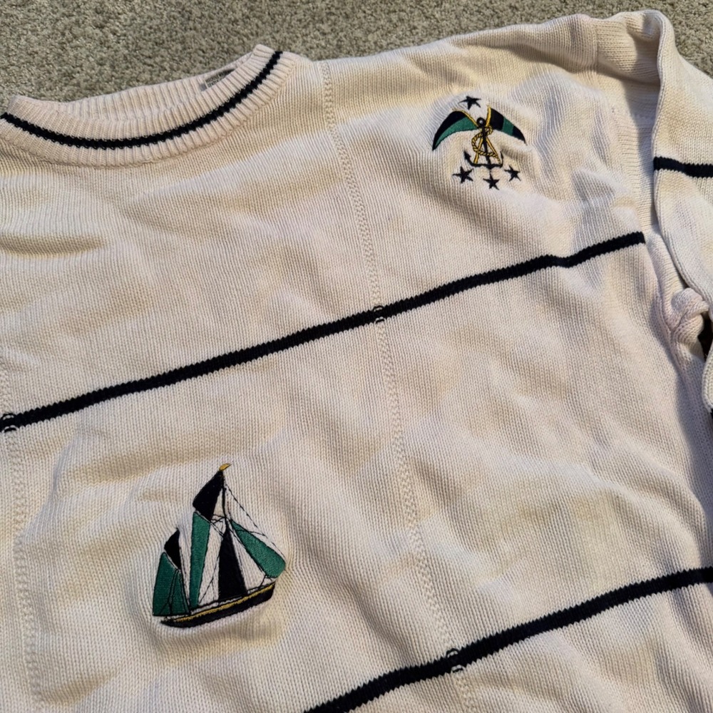 Capeisle Knitters Vintage Nautical Embroidered Striped Cotton Sweater Mens L - Picture 2 of 7